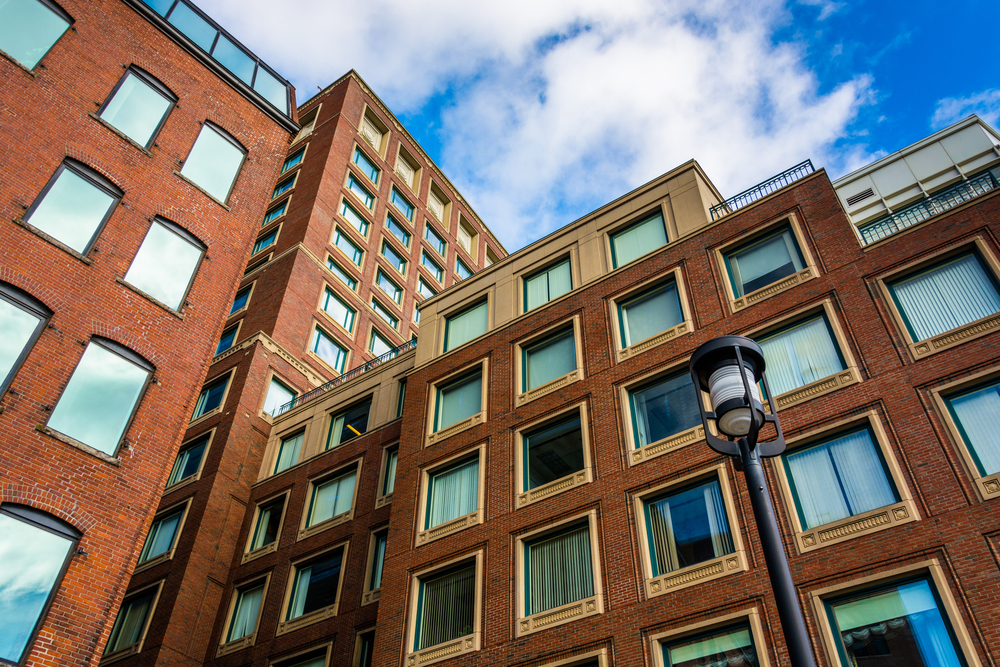 Looking up at apartment buildings in Boston, Massachusetts.